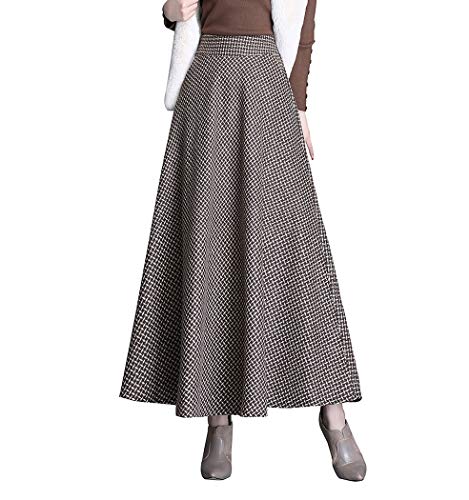 Damen Lang Rock Winter Warm Wollrock Vintage Elegante Gitter Rock Casual Winterrock Elastische Taille A-Linie Midi Rock Hohe Taille Rock Faltenrock Khaki-L