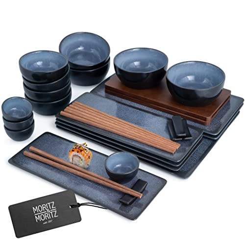 Moritz & Moritz Sushi Geschirr Set für 4 Personen - 29 Teile - Sushi Servierset mit 3X Sushi-Platte - 4X Sushi-Teller, Miso-Schale, Schälchen und Stäbchen