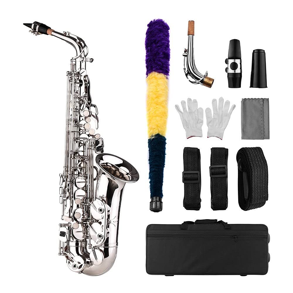 Saxophon Sax Eb Be Alt E Flaches Messingsaxophon geschnitztes Muster auf Oberfläche Kunststoffmundstück mit Handschuhen Bürstengurten (Farbe: Silber)