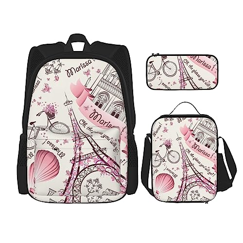 WURTON Romantisches Paris Schmetterlings-Druck, 3-in-1-Sets, lässig, verstellbar, Schulter-Rucksack, Lunch-Tasche, Federmäppchen, Beutel, Schwarz, Einheitsgröße