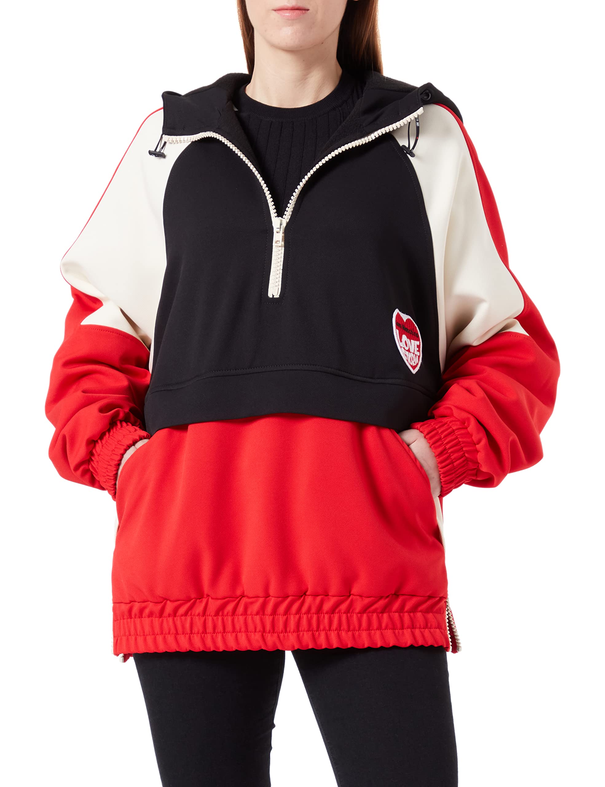 Love Moschino Women's Contrast Colour Inserts and Hood with Adjustable Logo Drawstring. Jacket, Black White RED, L