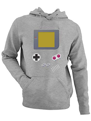 clothinx Handheld Konsole im Vintage 90er Jahre Retro Print | Gamer | Nerd | Geek | Computer Freak | LAN-Party | Herren Kapuzen-Pullover Grau Gr. L