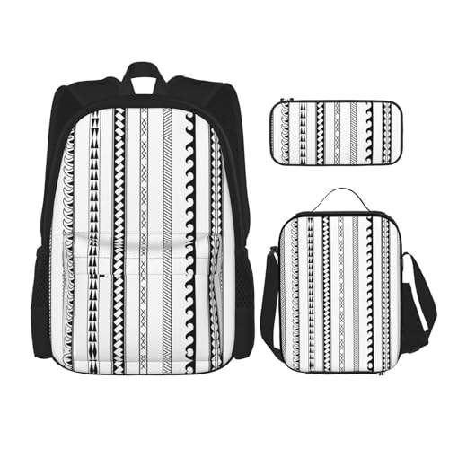 WURTON Triangle Stripes Bohemian Pattern Print Travel Lunch Box Pencil Case Backpack Set 3 Pieces Adjustable Straps Lightweight, Schwarz, Einheitsgröße