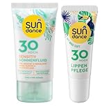 SUNDANCE 2er-Set Sonnenschutz: SONNENFLUID Gesicht SENSITIV 48 h Feuchtigkeitspflege für empfindliche Haut ohne Parfüm & Octocrylene, UVA+UVB-Schutz, LSF 30 (50 ml) + Lippenpflege MINZE, LSF 30 (10 ml), 60 ml