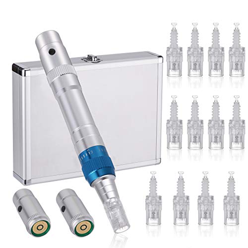 BOWKA Elektrischer Derma Pen Microneeding Pen mit 12 Stück Nadelpatrone 12 Pin Kabellos verstellbar von 0,25 mm bis 2,5 mm (blau)