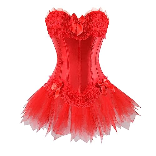 WANGTIANXUE Zweiteilig Damen Tutu Rock Set Gothic Rock und Korsett Zweiteiliges Vintage Mittelalter Viktorianisch Renaissance Spitzen Rock Corset 2PCs Halloween Karneval Kostüm Palast Party Outfit