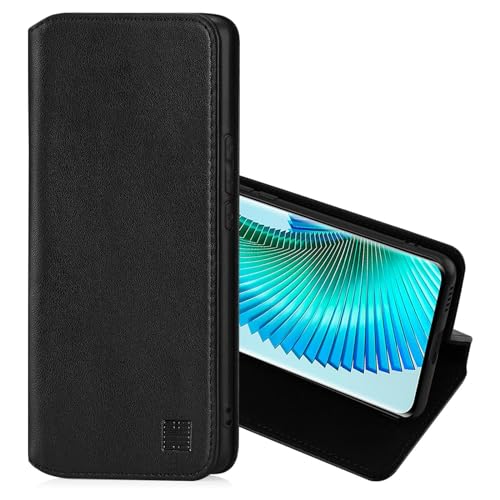 32nd Klassische Serie 2.0 - Lederhülle Case Cover für Honor Magic 6 Lite, Echtleder Hülle Mit RFID-Blockierung Kartensteckplatz, Magnetverschluss und Standfuß - Schwarz