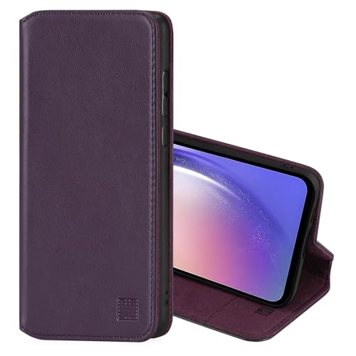 32nd Klassische Serie 2.0 - Lederhülle Case Cover für Samsung Galaxy A55, Echtleder Hülle Mit RFID-Blockierung Kartensteckplatz, Magnetverschluss und Standfuß - Aubergine