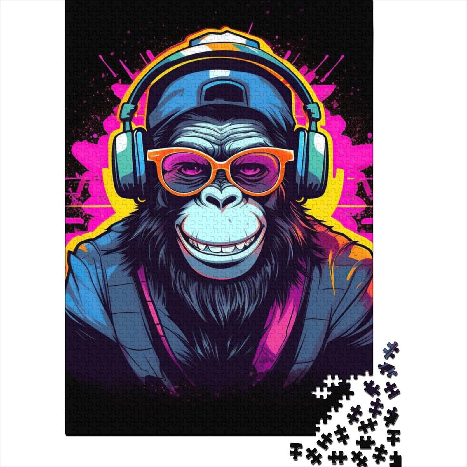 1000-teiliges Puzzle für Erwachsene Teenager, Monkey DJ Music, Holzpuzzle, Erwachsenenpuzzle, Entspannungspuzzle, Spiele, Denksportaufgabe, 75 x 50 cm