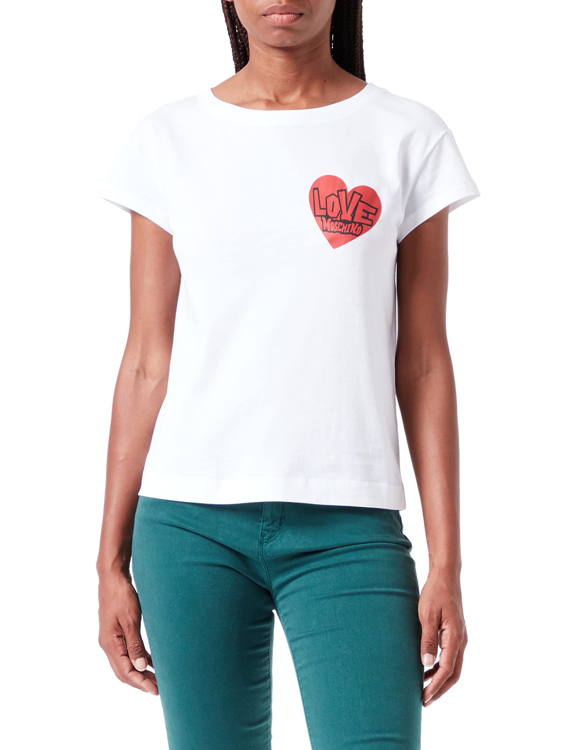 Love Moschino Damen Boxy Fit Short Sleeves With Red Heart Print T Shirt, Optical White, 42 EU