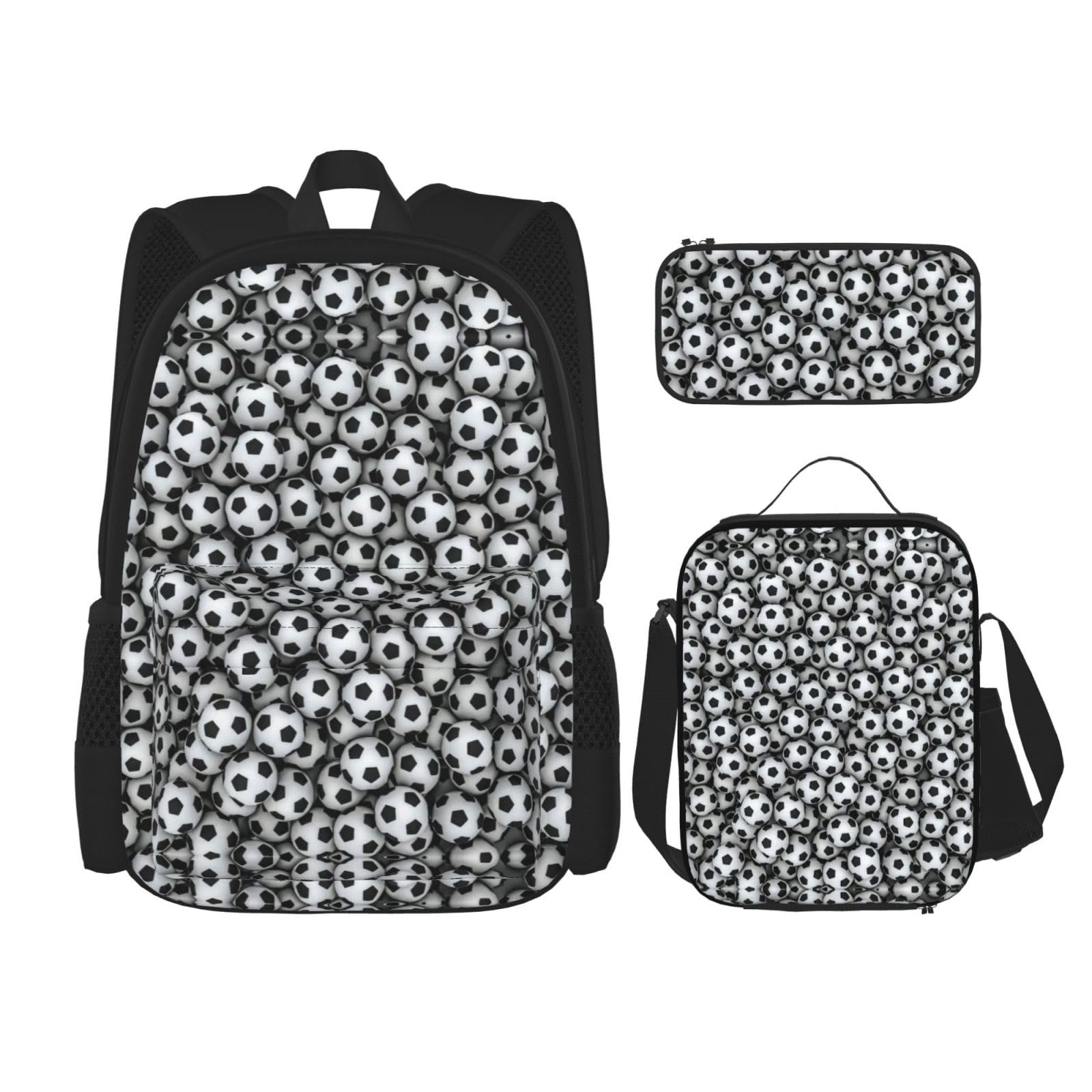 WURTON Stapel von Fußbällen Druck Schulrucksack 3 in 1 Büchertasche Set mit Lunchbox Federmäppchen Reise Laptop Daypacks