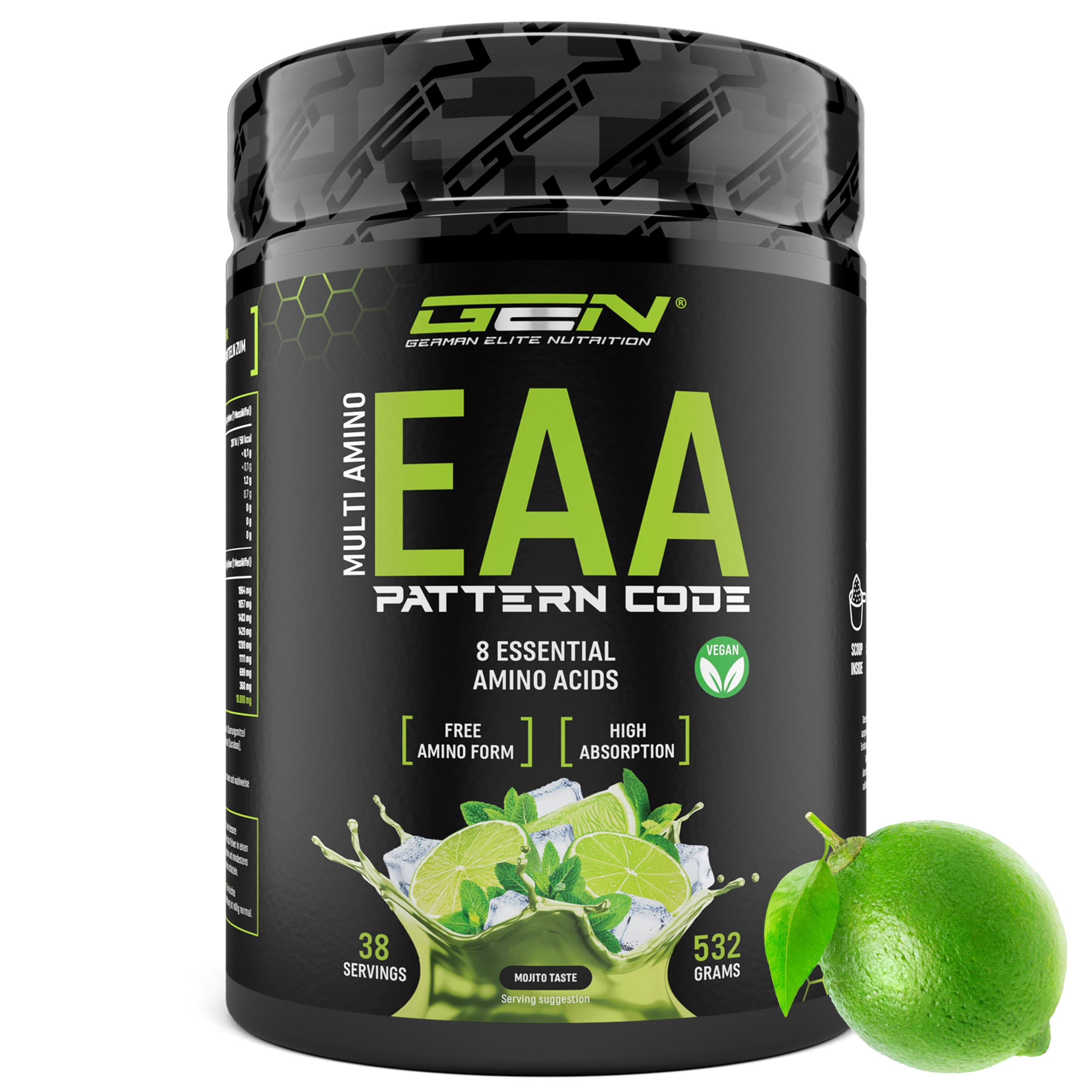 EAA Pulver - 532 g - Human Code Formel - Alle 8 essentielle Aminosäuren - Amino Workout Drink - Leckerer Geschmack & Top Löslichkeit - Vegan - (Mojito)