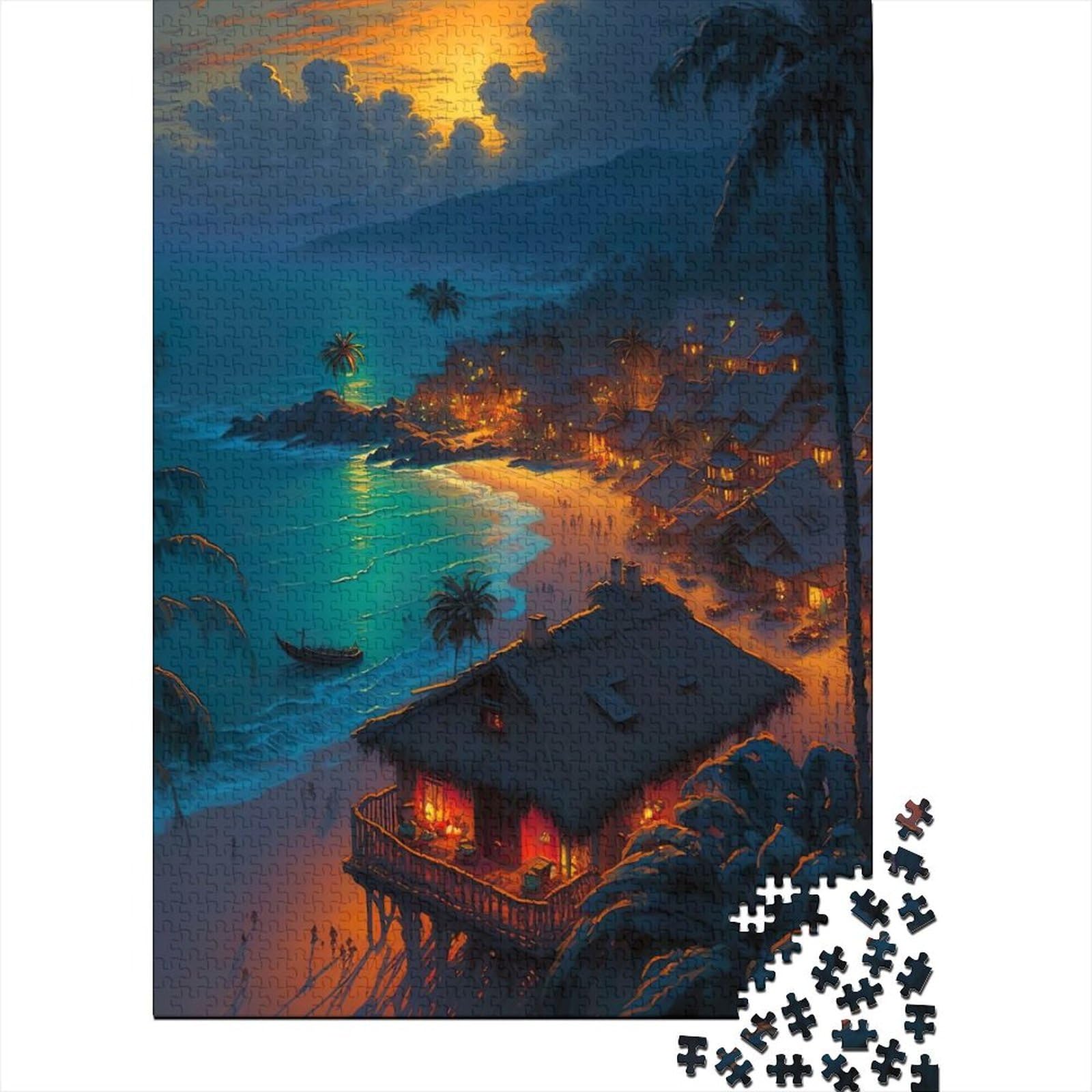 1000 Teile für Erwachsene, schwieriges Puzzle, Strandhütte, Holzpuzzle für Erwachsene und Teenager, nachhaltiges Puzzle für Erwachsene (Größe 29,53 x 19,69 Zoll)