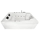 Basera® Classic Indoor Whirlpool Badewanne XXL Milos für 2 Personen mit 28 Massagedüsen, Wasserfall, LED-Ambiente, Touchpanel, Bluetooth und Radio