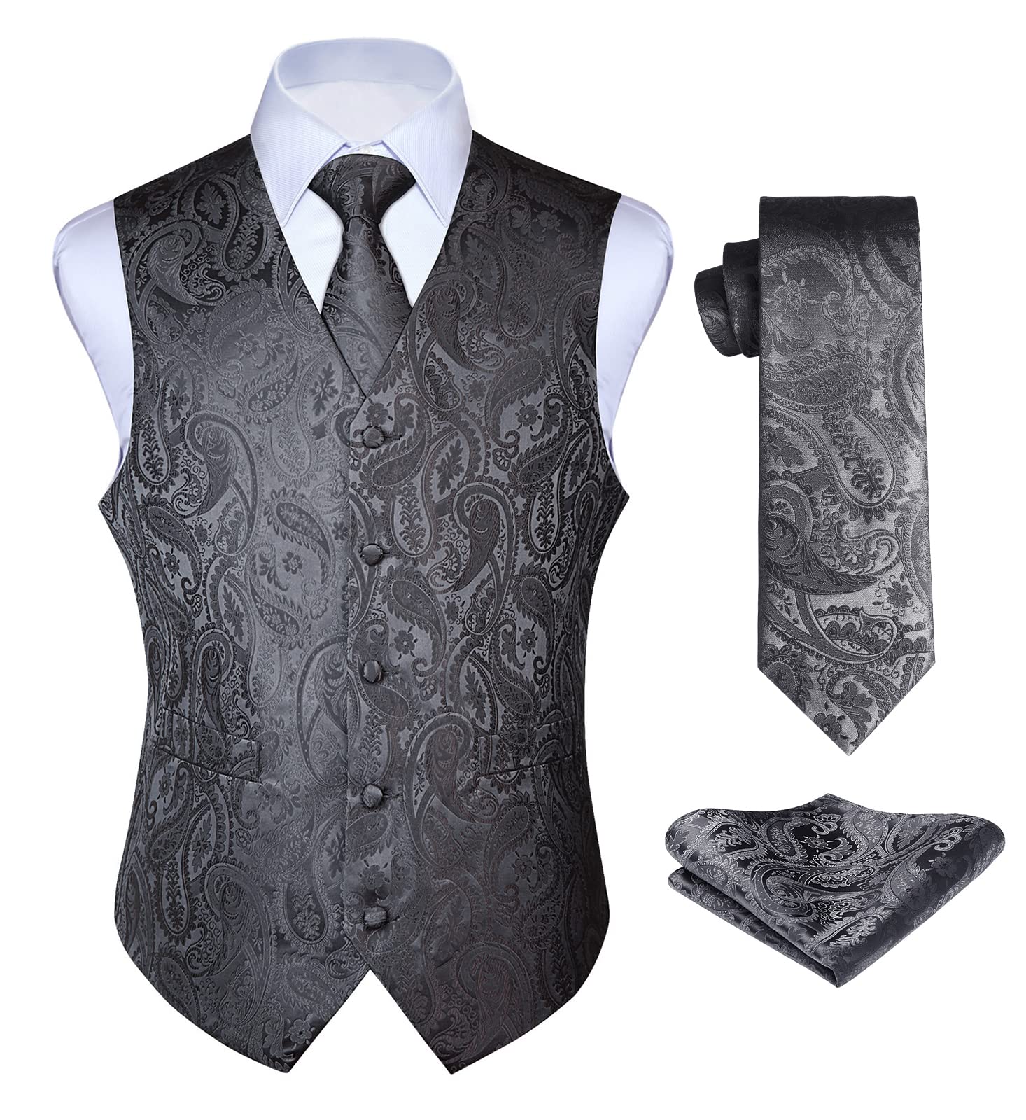 Enlision Anzugweste grau Herren Hochzeit Paisley Westen & Krawatte Einstecktuch Party Floral Jacquard Anzug Weste Set 3XL