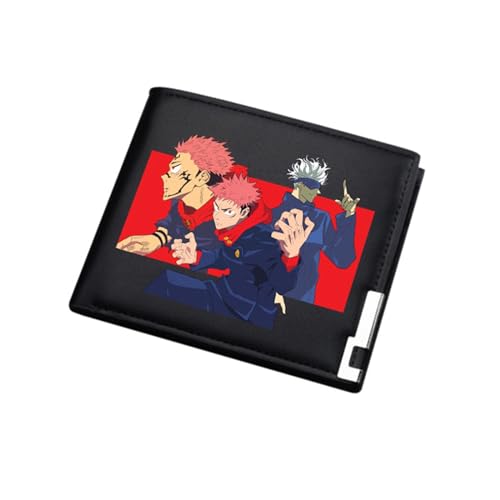 RYNDEX Jujut-su Kais-en Brieftasche Anime, Zweifach Gefalteter Portmonee Klein, PU Leder Münzbörse Wallet mit Sichtfenster(Color:Black 6)