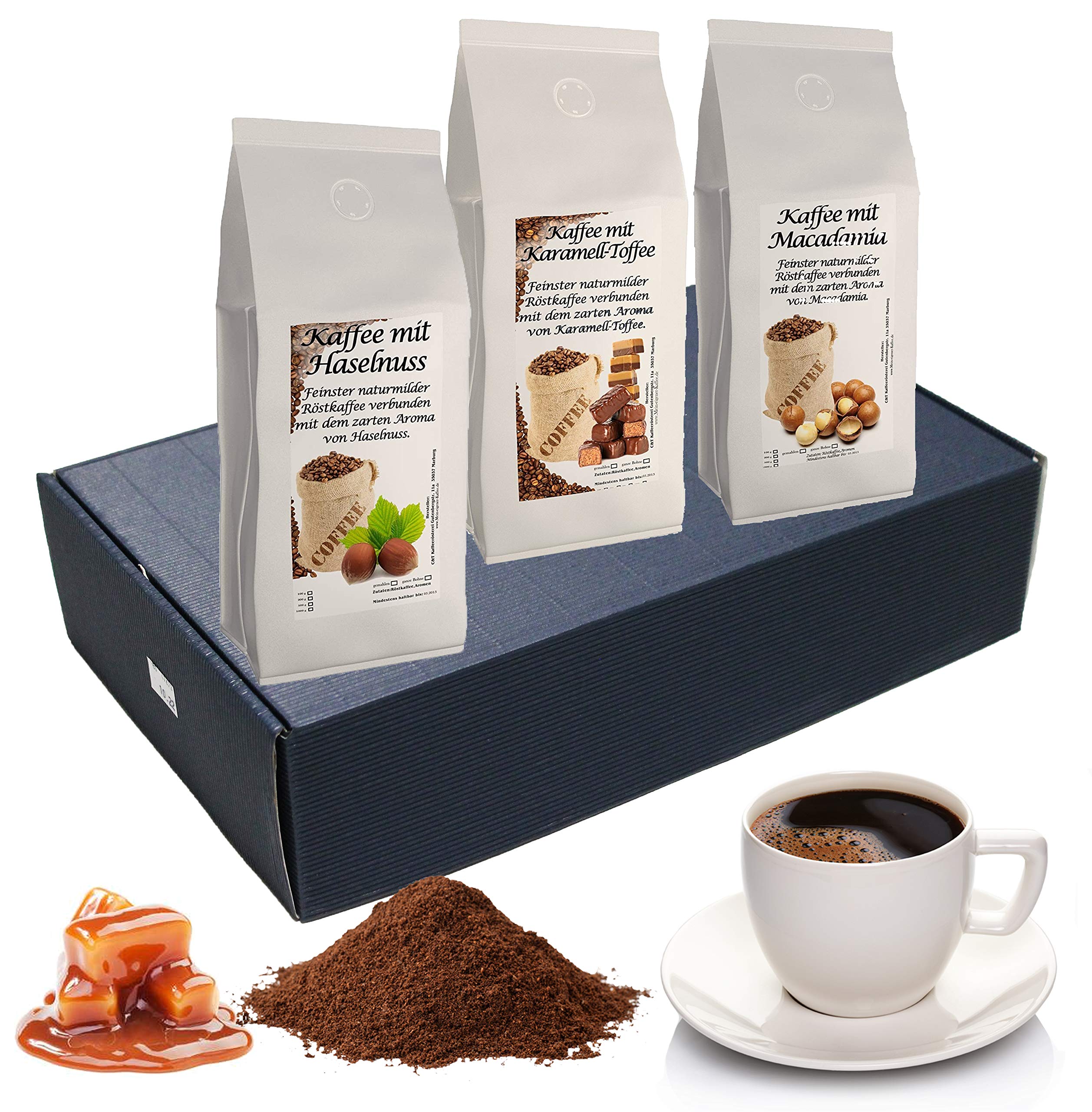 Geschenk Set Aromatisierter Kaffee Gemahlen 3 x 200 g (Haselnuss, Karamell und Macadamia)