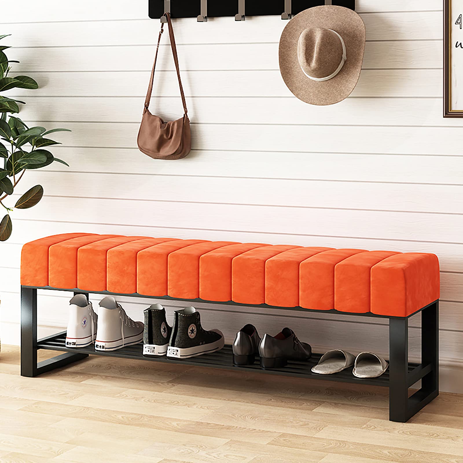 ASHILD Luxuriöse Schuhbank mit verdicktem Samtsitz, Moderne, dekorative Möbel, weicher Stauraum, Schuhregal für den Eingangsbereich, Schuh-Organizer, Orange, 120 x 45 x 32 cm (47 x 18 x 13 Zoll)