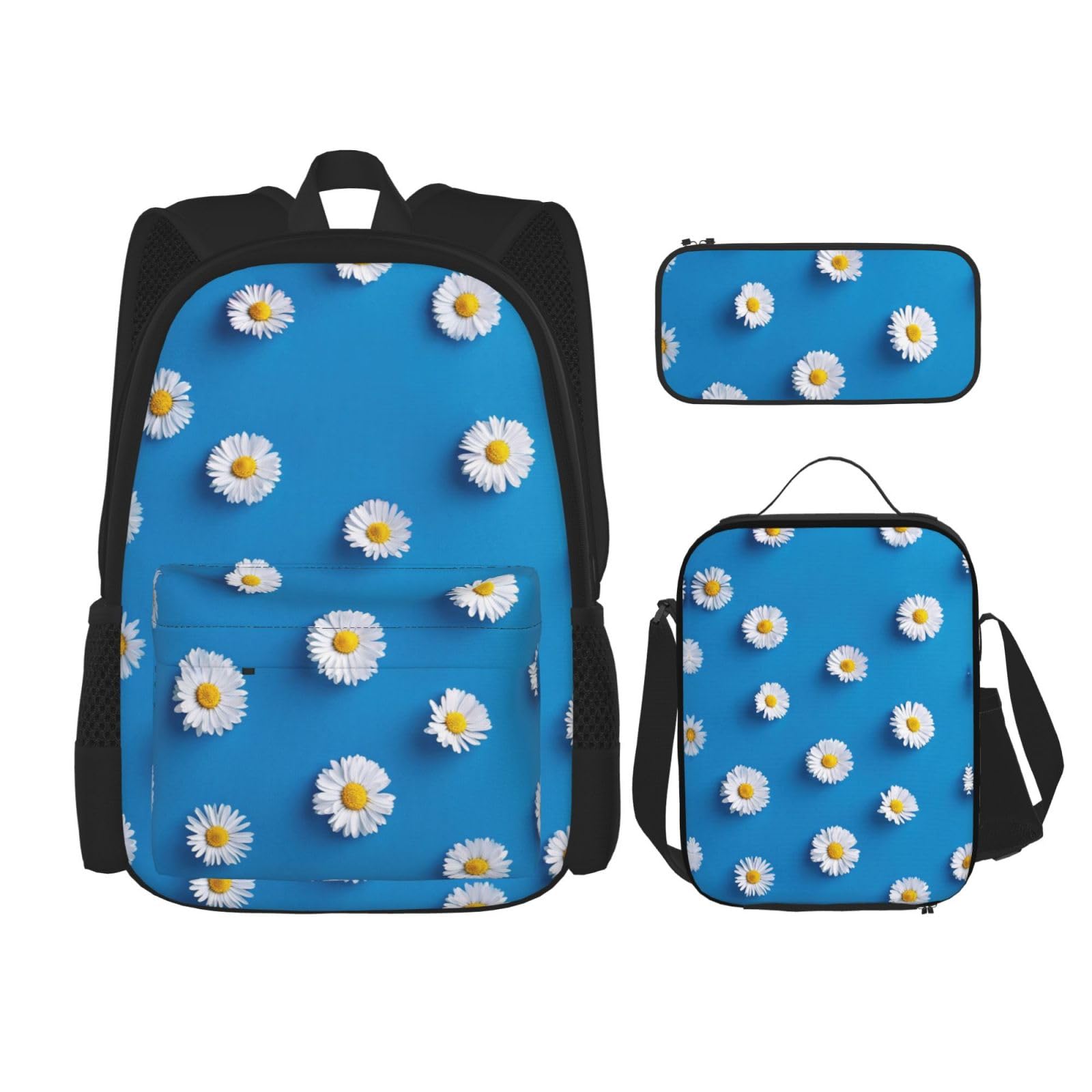 WURTON Weiße Gänseblümchen Print Lunchbox Federmäppchen Rucksack Set 3 Stück Verstellbare Träger Langlebig Leicht, Schwarz, One Size