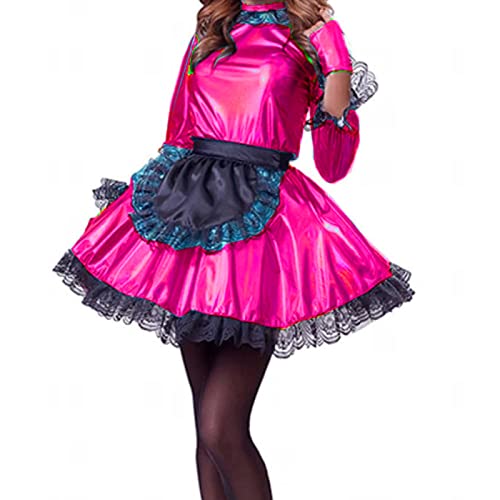 Dienstmädchenkleid rosa Mädchen Damen Uniform Prinzessin Kleider Club Party Kostüm Spitzenkleid Wuth Schürze, Laser Rose Pink, XXXL