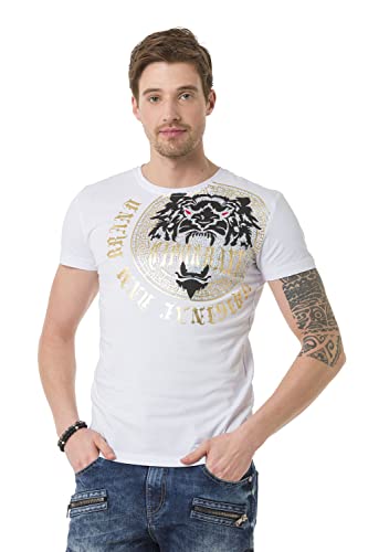 Cipo & Baxx Herren T-Shirt Löwen Print Kurzarm Strasssteinen Streetwear Rundhals Party Freizeit Shirt CT676 Schwarz M