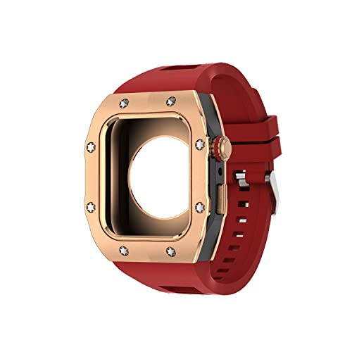 TONECY Silikonband mit Metallgehäuse für Apple Watch Serie 8, 7, 45 mm, Modifikationsset für iWatch 6, 5, 4, 45, 44, SE, 44 mm, Gummiarmband (Farbe: Rot/Roseschwarz, Größe: 44 mm)