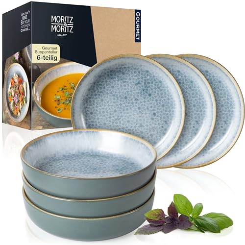 Moritz & Moritz TERRA 6-tlg Suppenteller blau je 700 ml - Ø 19 x 4,5 cm – in strahlendem Blau aus hochwertigem Porzellan – tiefe Teller für Suppen, Salate, Müsli, Pasta uvm.