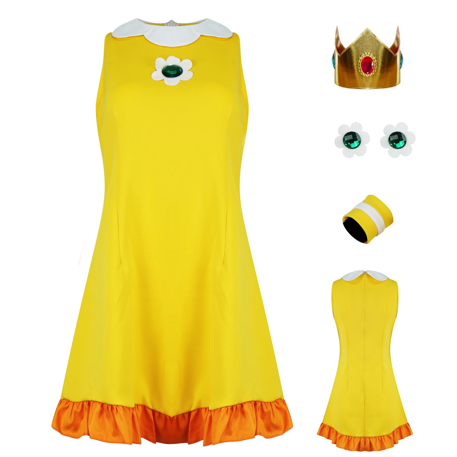 AYYOHON Prinzessin Pfirsich Cosplay Kostüm Damen Prinzessin Daisy Rosalina Tenniskleid mit Krone Ohrringe Erwachsene Halloween Anzug L, Gänseblümchen 2