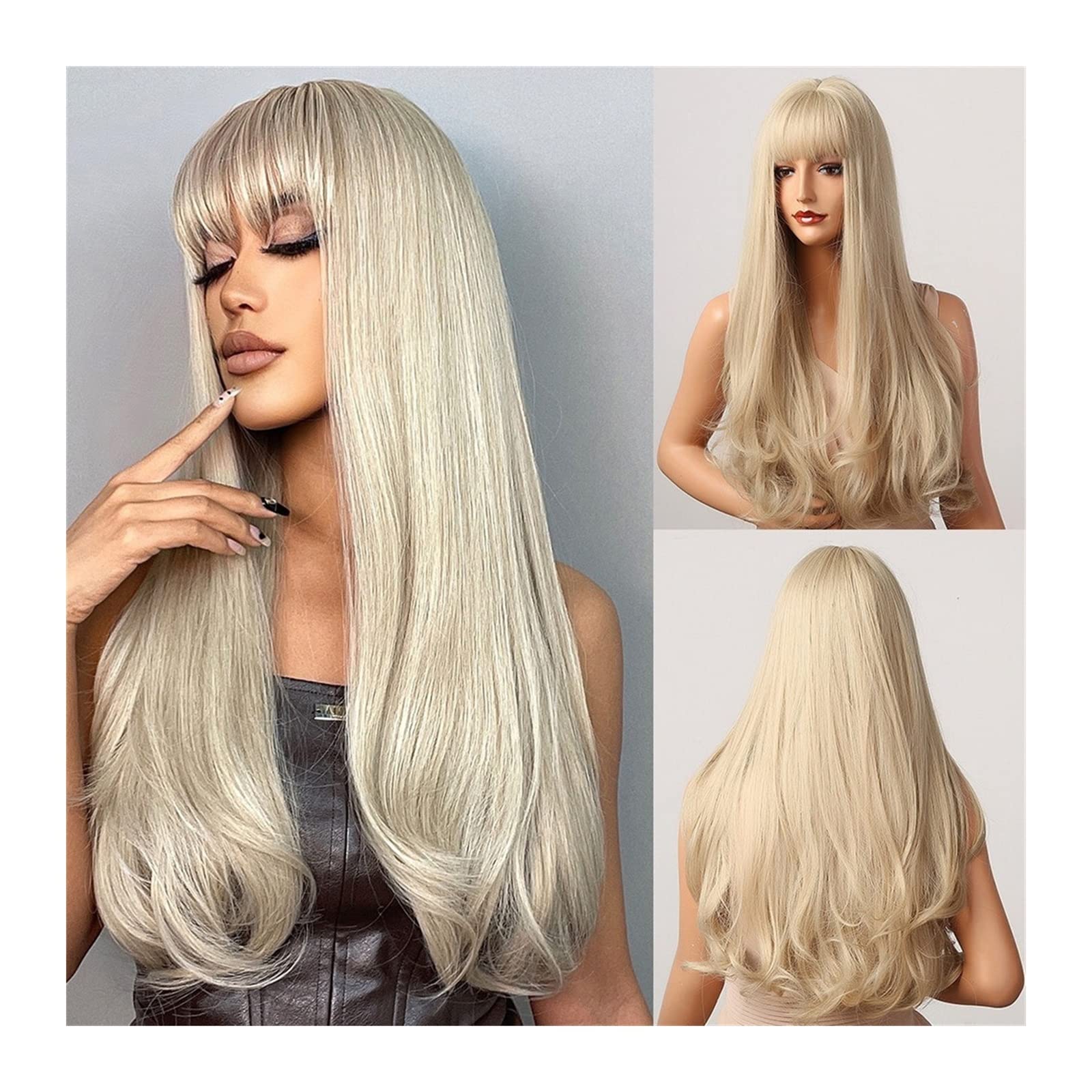 Perücken für Frauen Lange natürliche gewellte Perücken for Frauen, 24 Zoll platinblonde Perücke mit Pony Synthetische hitzebeständige Perücke for tägliches Party-Cosplay für die Tägliche Party Cosplay