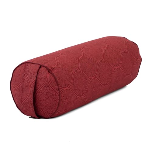 Bodhi Yoga Bolster Ø 23 cm | Maharaja Collection | Abnehmbarer & Waschbarer Bezug aus 100% Baumwolle | mit Bio-Dinkelfüllung | Yogakissen für Restorative & Yin Yoga (Mayuri/Dunkelrot)