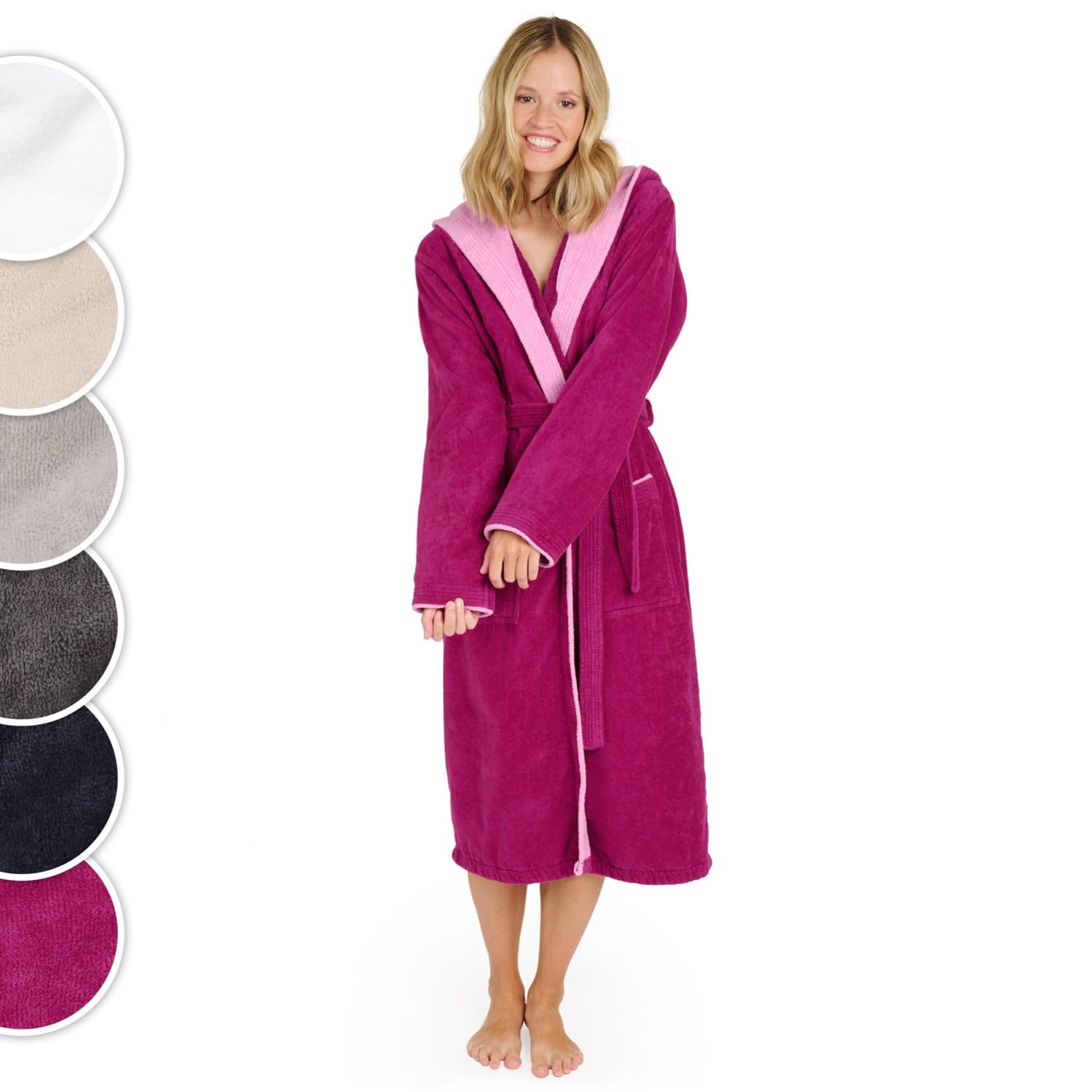 Blumtal Bademantel Damen, kuschelig weicher Bademantel Damen Baumwolle mit gefütterter Kapuze und samtigen Frottee-Velours, Oeko-TEX® Zertifiziert, Größe XL, Fuchsia und pink