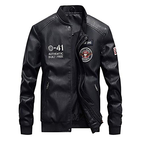 YOUCAI Herren PU Lederjacke Baseball Jacke mit Stehkragen Motorradjacke Bikerjacke mit Reißverschluss Kunstlederjacke Herren Lederjacke für Frühling und Herbst Schwarz 3XL