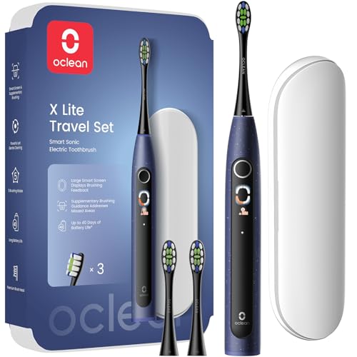 Oclean X Lite Schallzahnbürste Blau Set, elektrische Zahnbürste mit Bildschirm, Electric Toothbrush mit IPX7 Wasserdicht, 5 Putzprogrammen, Timer, Reiseetui, 3 Ersatzbürstenköpfe