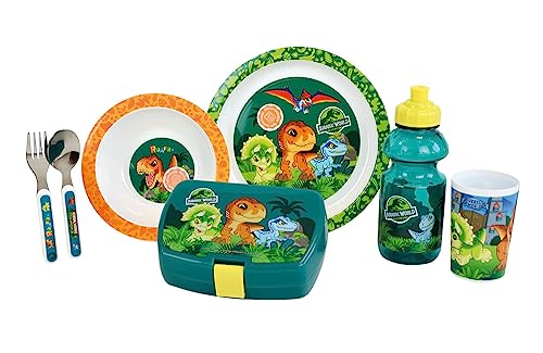 JURASSIC World Kindergeschirr-Set mit Glas 220 ml, tiefer Teller Ø 16 cm, Teller Ø 22 cm, Besteck H 13,5 cm, Trinknapf 350 ml und Snackdose