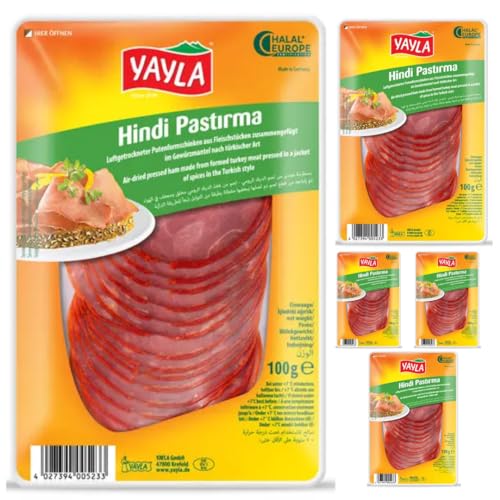 Yayla, Putenformfleischschinken Schinken-Pastrami nach türkischer Art, Würziges Pastrami zum Essen und Frühstück, 100 Gramm x 5 Stück