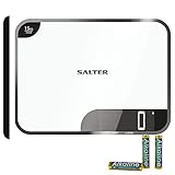 Salter 1079 WHDR Digitale Küchenwaage - LED Leicht Lesbares Display, Doppelfunktion Extra Große Hochglanz Plattform Fur Schneiden & Wiegen, Tara-funktion, 15kg Kapazit, Misst Flüssigkeiten, Weiß