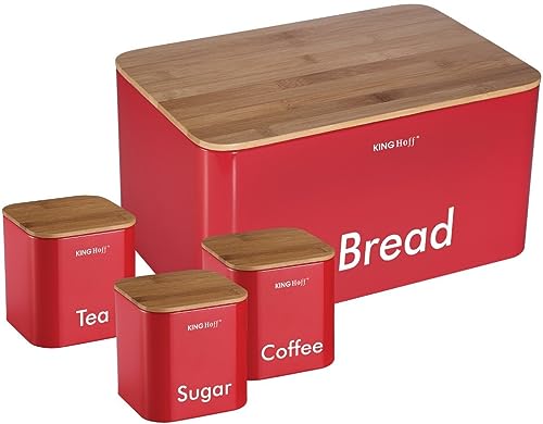 Kinghoff Brotkiste und Zucker, Coffee, Tee Behaltern aus Holz und Edelstahl KH- 1085 (ROT)