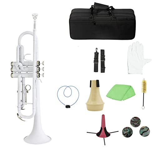 Trompete Messing BB B Flache Trompete Messing Mit Mundstück Tragetasche Tuner Mute Trompete Standhandschuhe Reinigungswerkzeuge Windinstrument (Color : White)