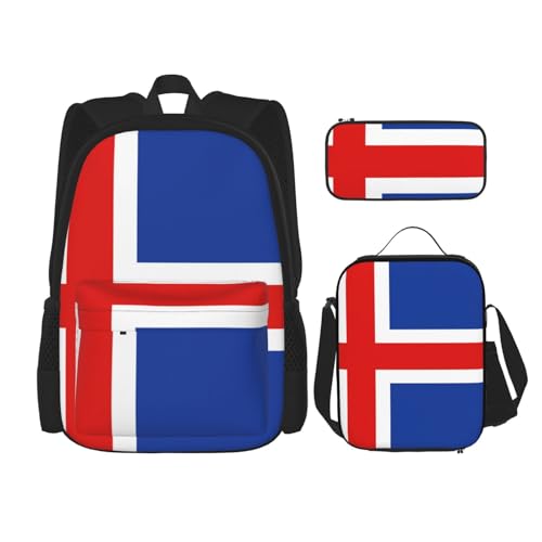 WURTON Schulterrucksack, Motiv: Flagge von Island, 3-in-1, Büchertaschen-Set, Lunchbox, Federmäppchen, Reisen, Laptop, Tagesrucksack, Schwarz, Einheitsgröße, Schwarz , Einheitsgröße