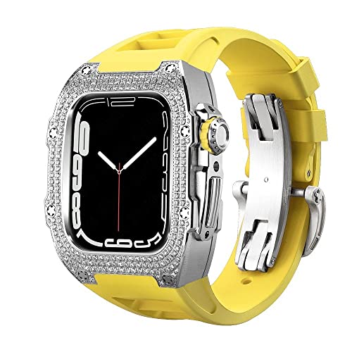 KANUZ Luxuriöse Schutzhülle aus Karbonfaser für Apple Watch Band 8, 45 mm, Serie 7, 6, Edelstahl, für iWatch Serie 5, 4, SE, 44 mm, Modifikationsset (Farbe: Diamond SY, Größe: 44 mm)