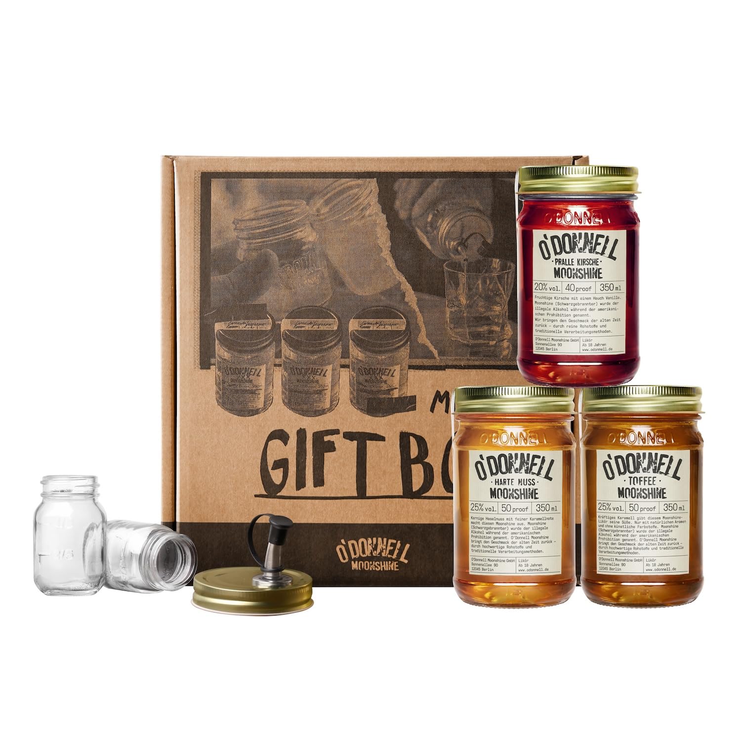 O'Donnell Moonshine Geschenkbox | 3 x 350ml | 2 x Shotgläser + Ausgießer | Premium Schnaps nach amerikanischer Tradition | Likör | vegan | natürliche Zutaten (Harte Nuss/Pralle Kirsche/Toffee)