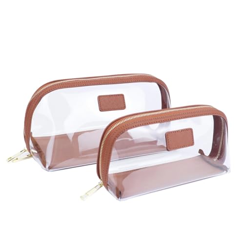 Transparenter Kulturbeutel Reise-Kosmetiktaschen-Set aus echtem Leder, wasserdichte Make-up-Pinsel-Aufbewahrungstasche, tragbar, transparente PVC-TPU-Kosmetiktasche(Color:5268 Brown Set)