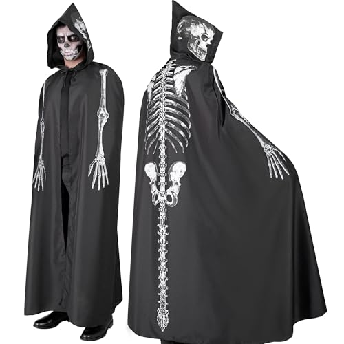 W WIDMANN MILANO Party Fashion - Skelett Umhang mit Kapuze für Erwachsene, 150 cm, Kostüm für Halloween