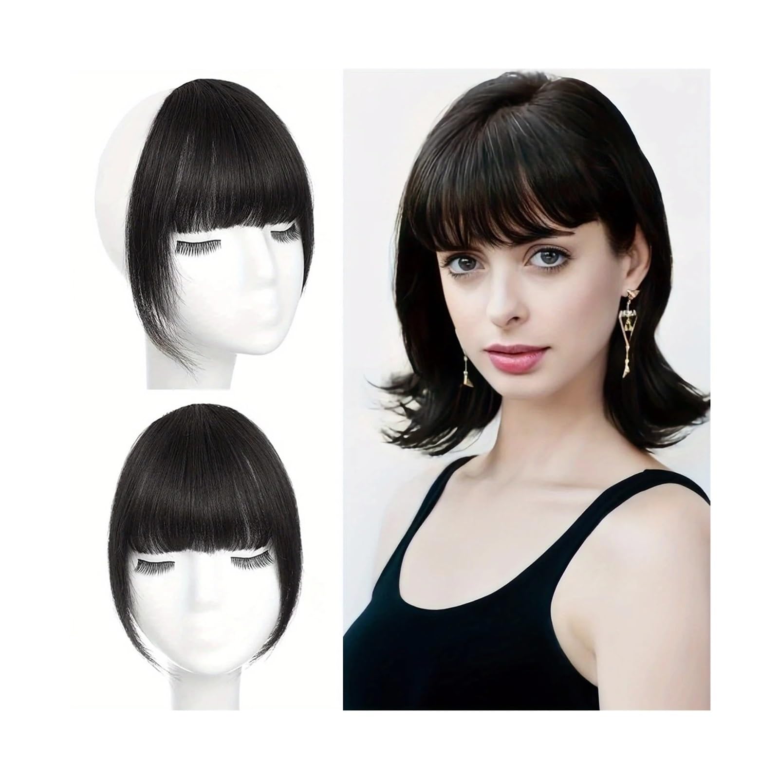 Pony Extension für Damen French Style Air Bangs Clip-in-Pony-Schläfen-Haarteile mit Koteletten, glattes Echthaar, tägliches Tragen und spurloses Frisieren Fringe Bangs(Brown Black)