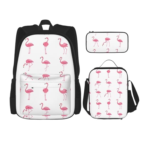 WURTON 3-in-1-Set mit Flamingos auf weißem Druck, lässiger verstellbarer Schulter-Rucksack, Lunch-Tasche, Federmäppchen, Beutelbox, Schwarz, Einheitsgröße