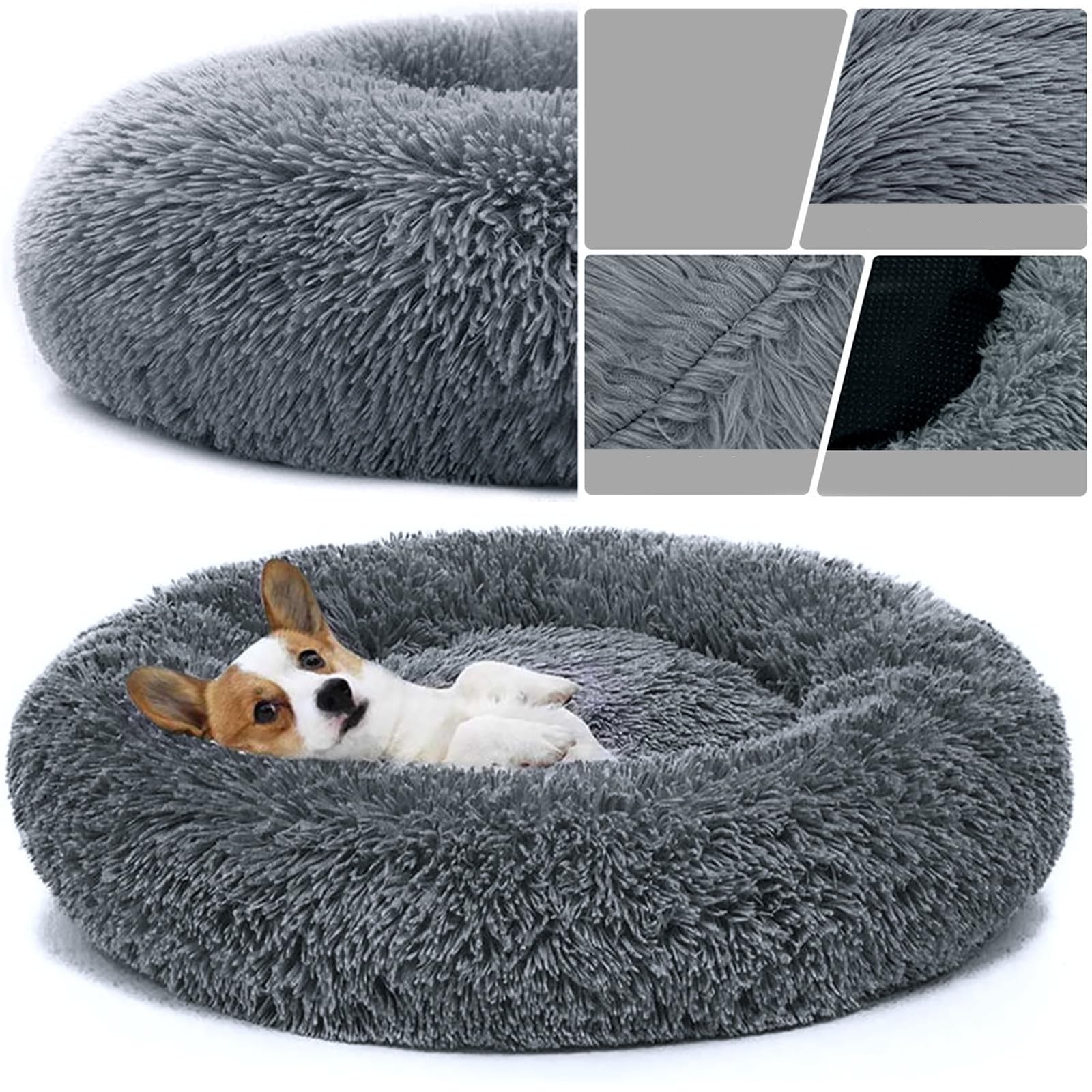 YUNDONGBA Hundebett waschbar, mit waschbarem Bezug, Hundekissen, Hundekorb, Katzenbett, Flauschiges Hundebett Donut Kissen für große mittelgroße kleine Hunde (Dunkelgrau, 70CM)