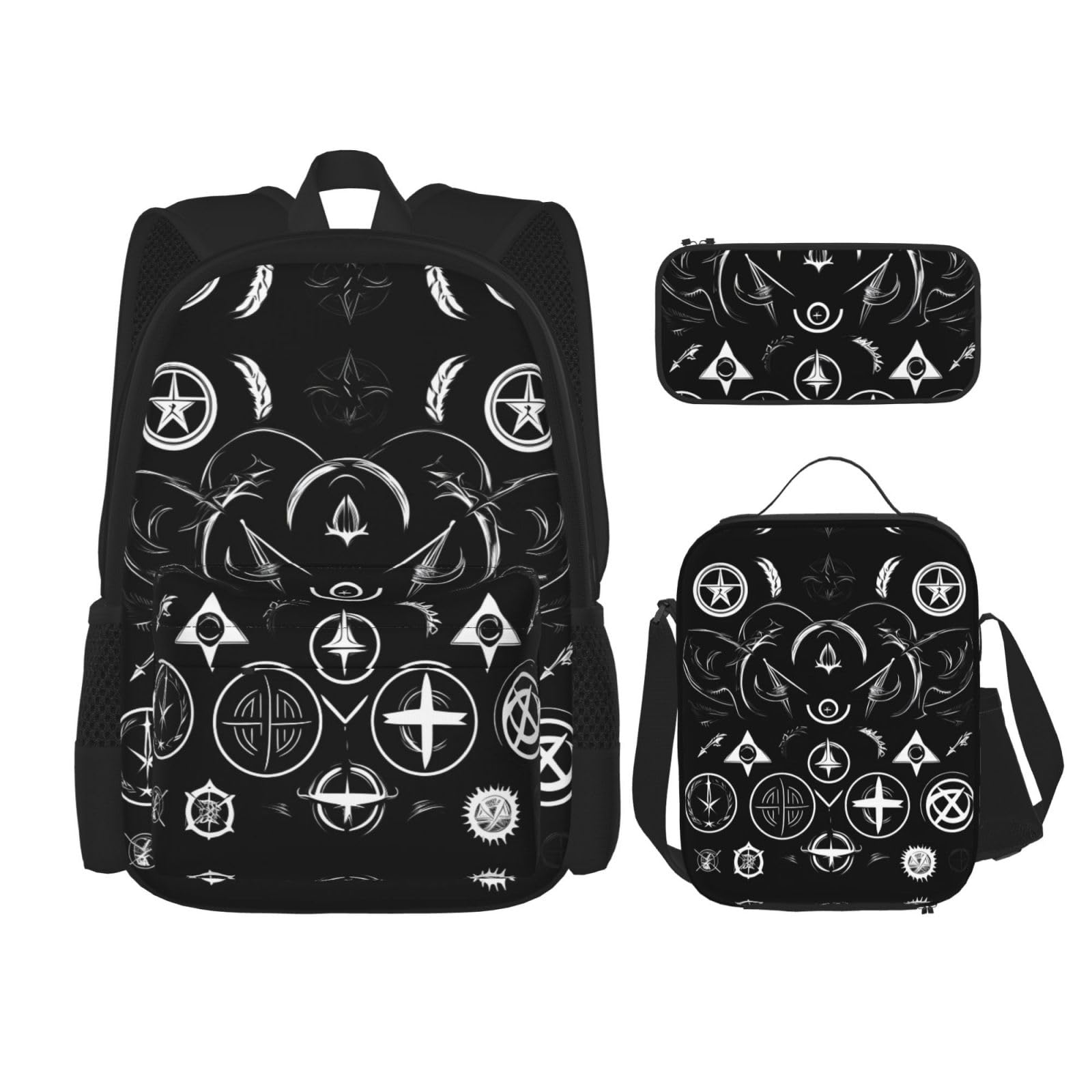 WURTON Supernatural Symbole Schwarz Druck Lunchbox Federmäppchen Rucksack Set 3 Stück Verstellbare Träger Langlebig Leicht, Schwarz, One Size