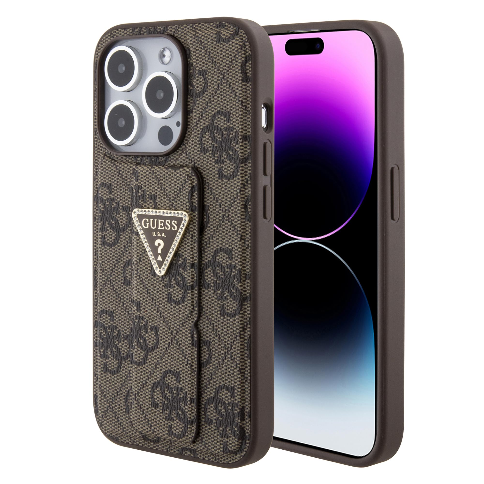 CG MOBILE Guess Gripstand PU-Lederhülle für iPhone 15 Pro Max (Braun)