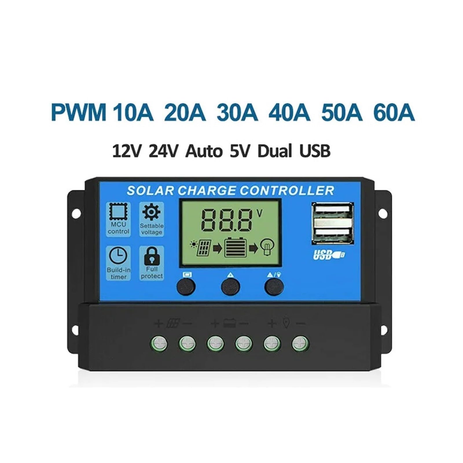 Solarregler, PWM Solar Laderegler 60A 50A 30A 20A 10A 12/24V Solar Panel Regler LCD Display Dual USB 5V Ausgang PV Regler Last(60A)