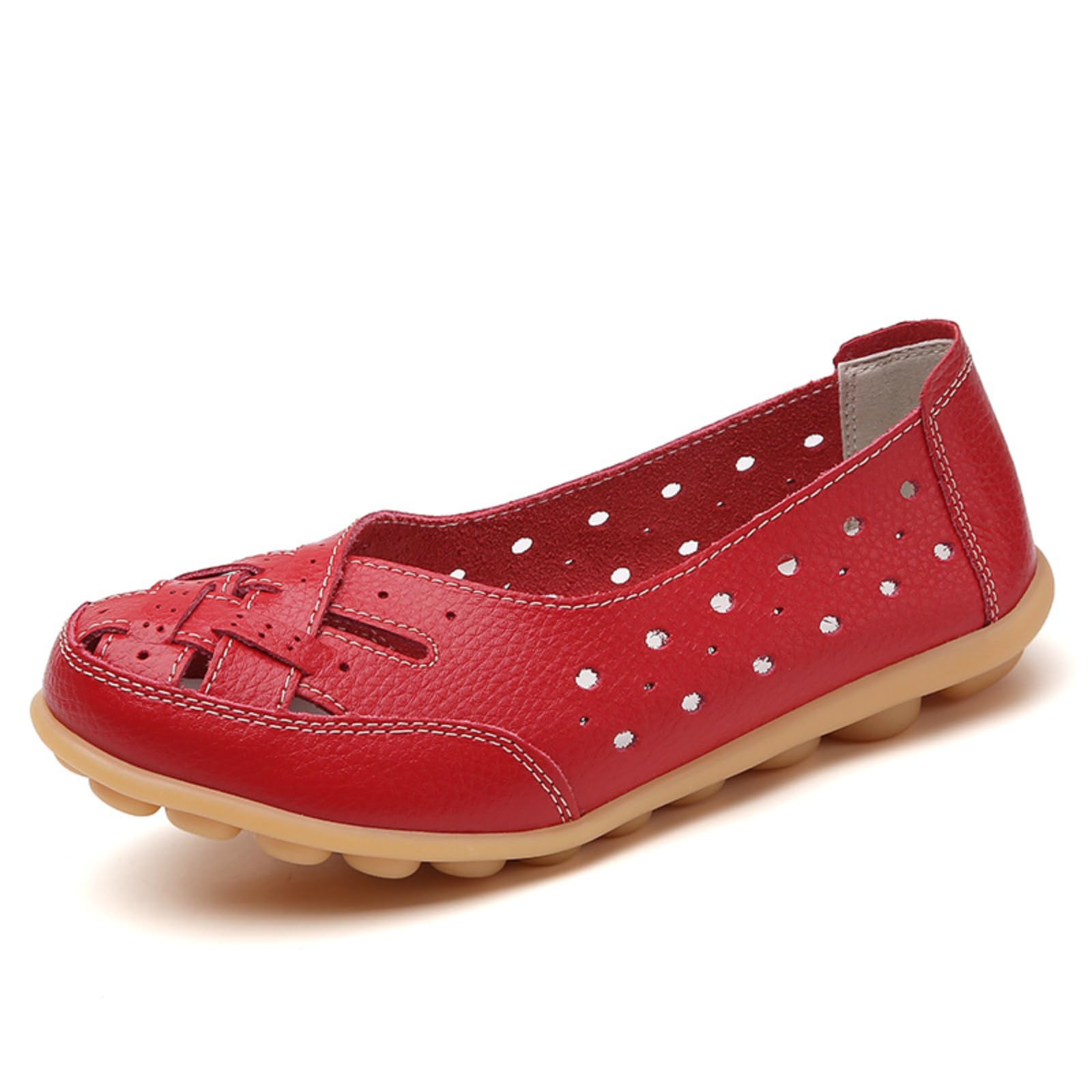 Orthopädische Loafer aus atmungsaktivem Leder, Damen-Slipper aus Rindsleder, flache Sandalen, leger, runder Zehenbereich, Mokassins, flache Schuhe, rot, 39.